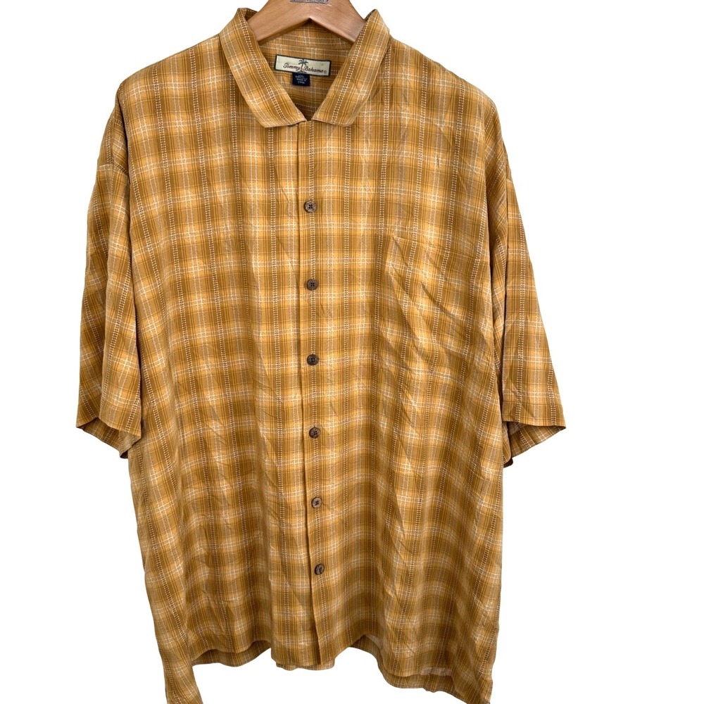 Tommy Bahama Silk Plaid Camp Shirt XXL Brown Gold Coastal Resort